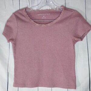 Aeropostale Women's Dusty Pink Ribbed Short Sleeve Crop Top With Lace Edge